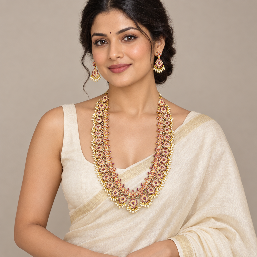 Kempu Mango Guttapusalu Haram Necklace Set with Ruby & Pearls