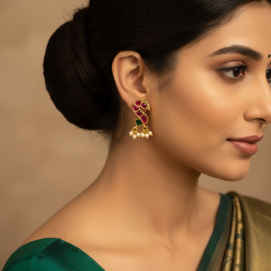 Kempu Parrot Stud Earrings with Pearl Drops | 24K Gold Plated