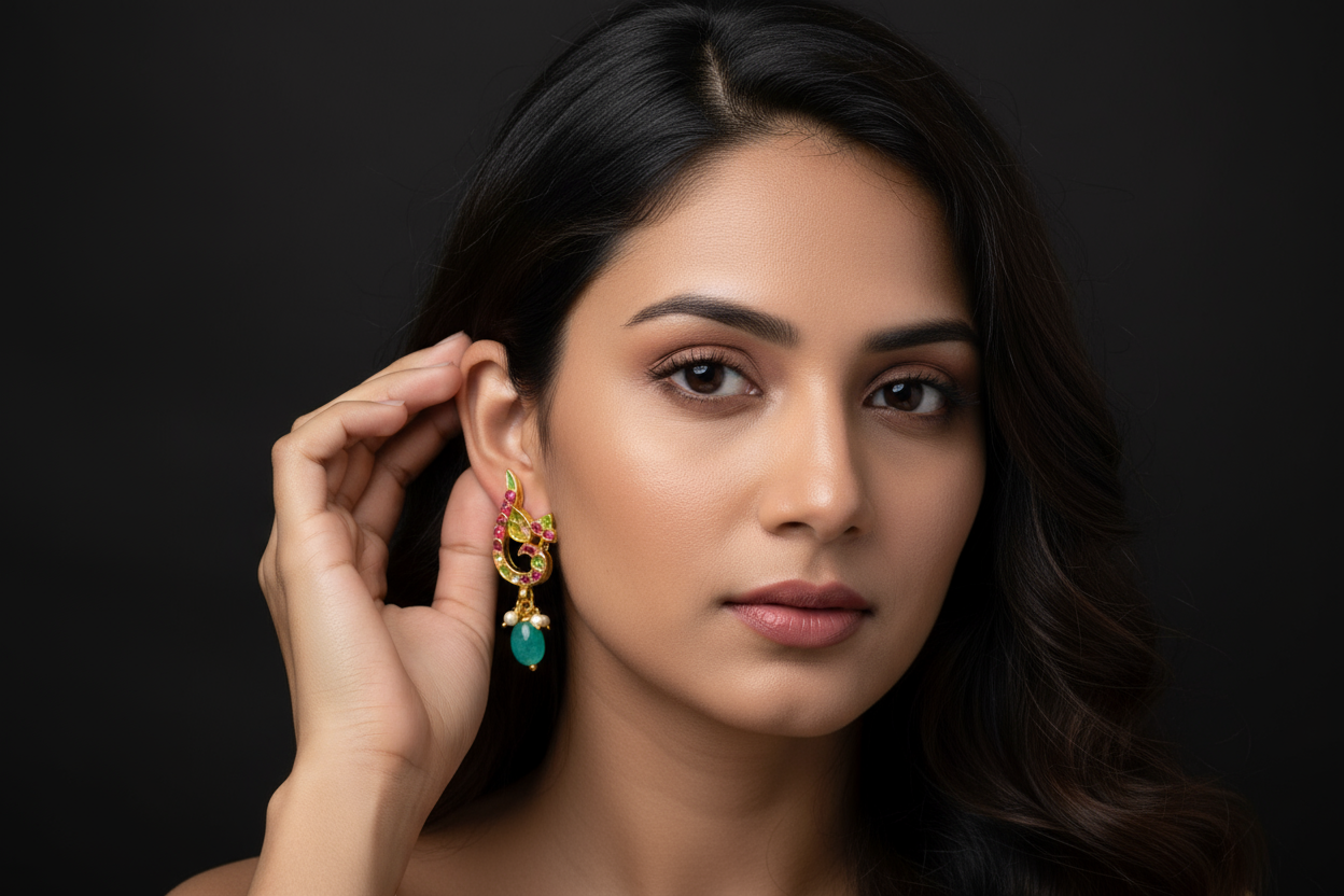 Kempu Peacock Studs 1.5 Inch - Emerald Beaded Traditional Earrings