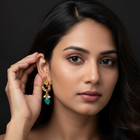 Kempu Peacock Studs 1.5 Inch - Emerald Beaded Traditional Earrings
