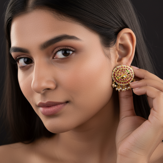 Kempu Peacock Studs with Pearls - Handmade Traditional Screw Back Earrings