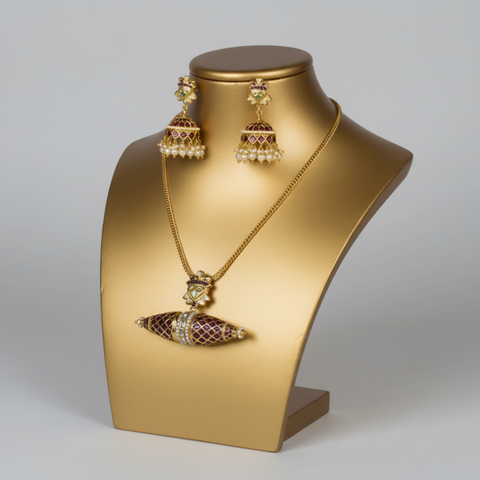 Kempu Pendant Set with Jhumka Earrings | Gold Plated Traditional Jewelry