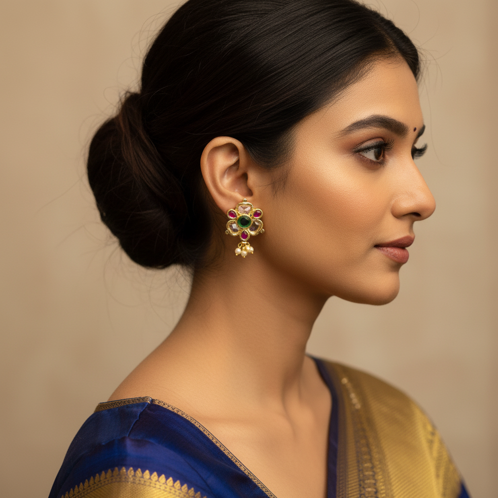 Kempu Polki Flower Stud Earrings 