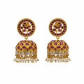 Kempu Polki Jhumka Earrings | Circular Stud | Screw Back | Pearl Drop | Temple Jewellery
