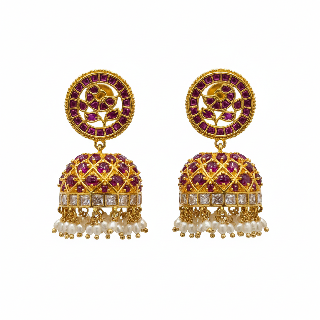 Kempu Polki Jhumka Earrings | Circular Stud | Screw Back | Pearl Drop | Temple Jewellery