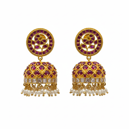Kempu Polki Jhumka Earrings | Circular Stud | Screw Back | Pearl Drop | Temple Jewellery