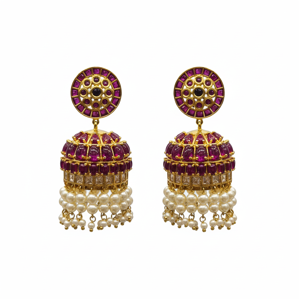 vKempu Polki Jhumka Earrings | Screw Back | Traditional Temple Jewellery