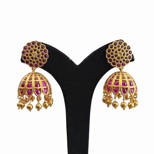 Kempu Polki Jhumka | Mandala Stud | Screw Back | Gold Ball Drops | Temple Jewellery