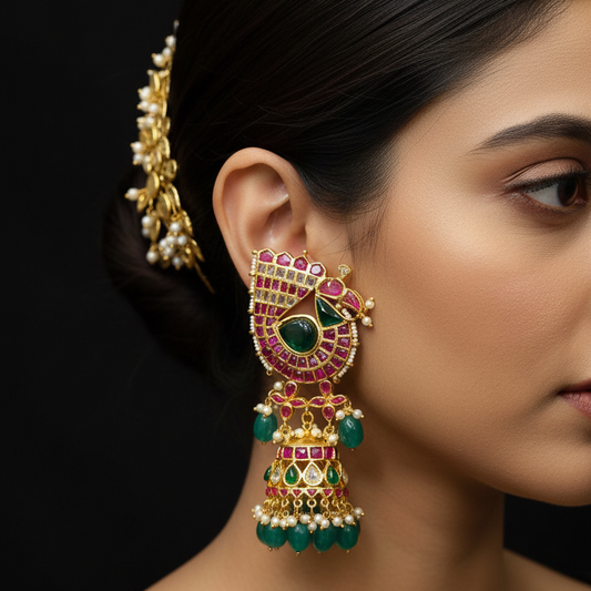 Kundan Kempu Jhumka Earrings with Emerald Drops | Temple Jewellery