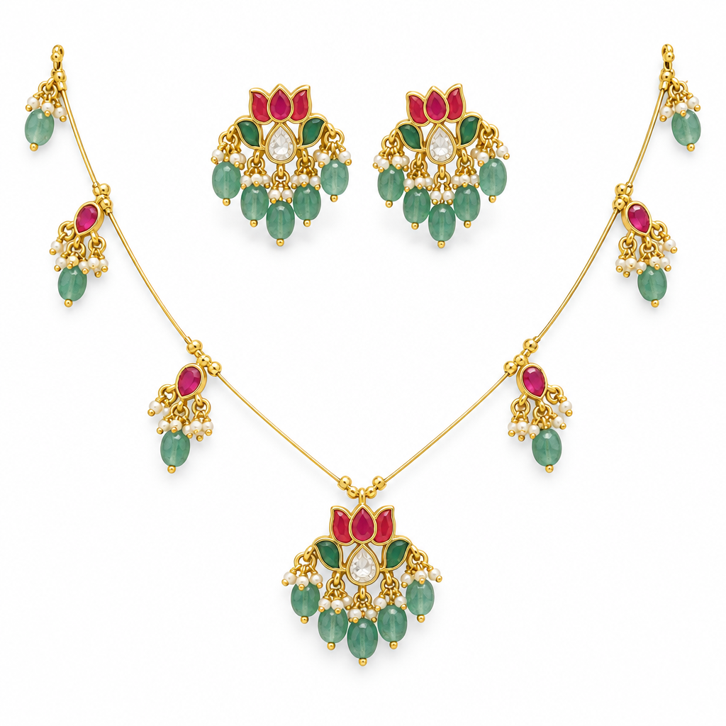 Kundan Lotus Necklace Set with Green Beads & Pearl Drops