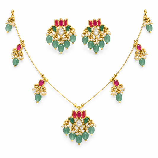 Kundan Lotus Necklace Set with Green Beads & Pearl Drops
