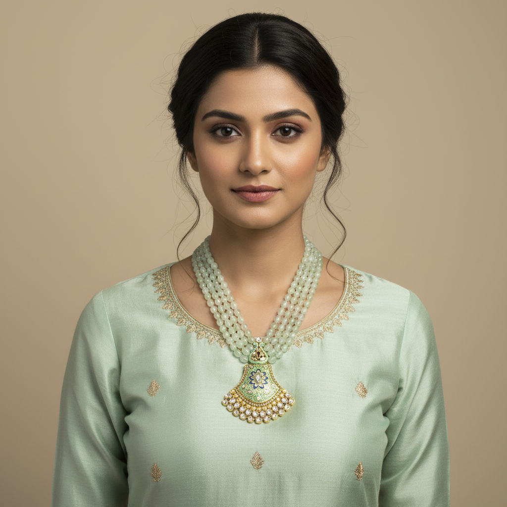 Kundan Meenakari Pendant Set with Emerald Beads