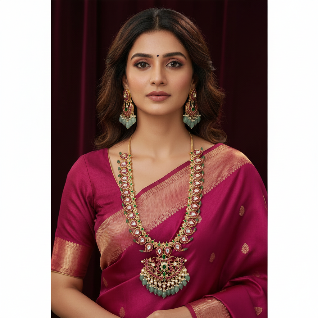 Kundan Ruby Mango Haram Necklace Set with Chandbali Earrings