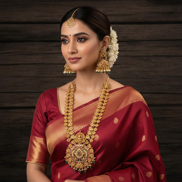 Lakshmi Coin Haram Long Necklace Set with Jhumka Earrings