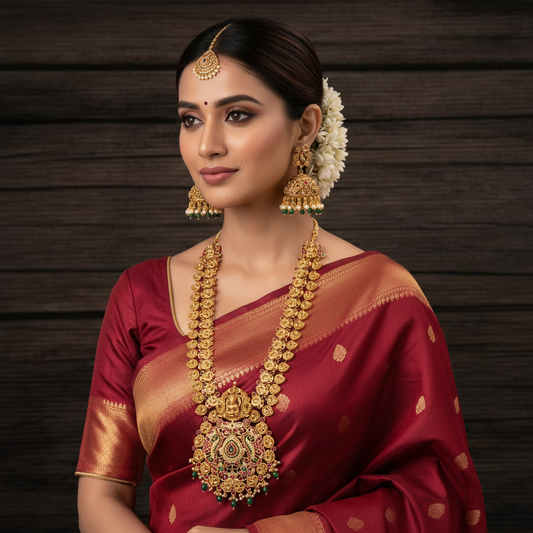 Lakshmi Coin Haram Long Necklace Set with Jhumka Earrings