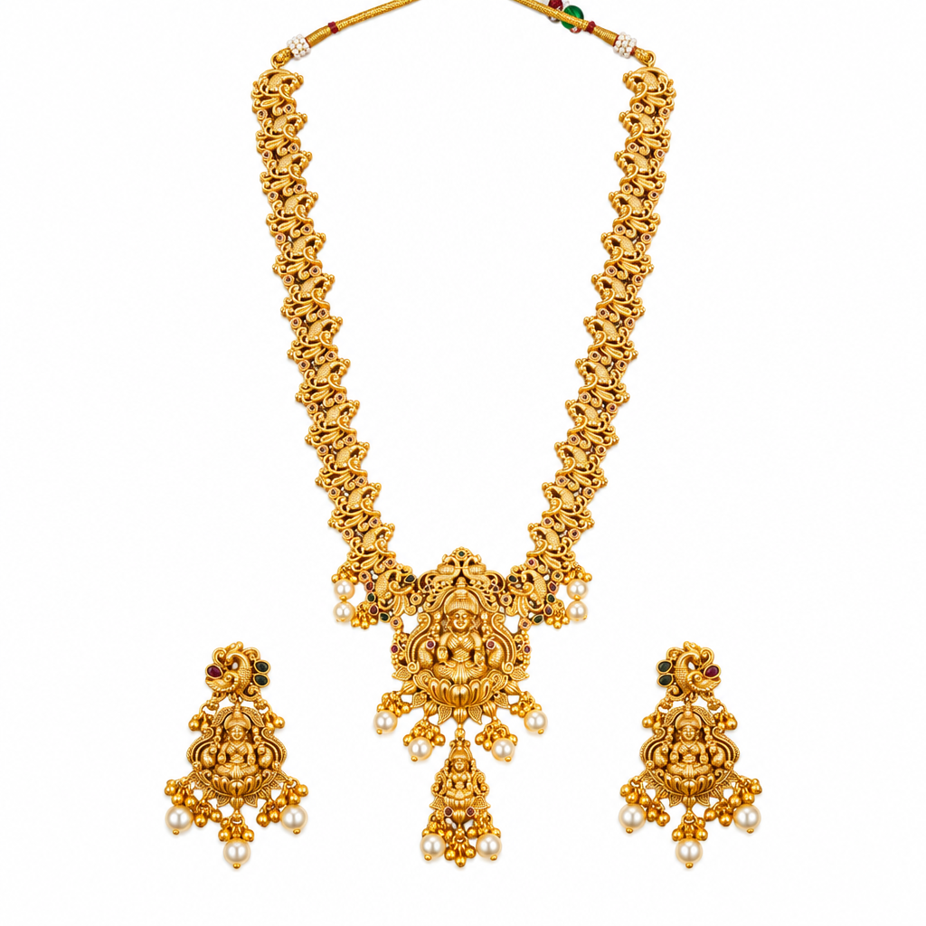 Lakshmi Mayura Nagas Haram - Antique Finish Ruby Necklace 