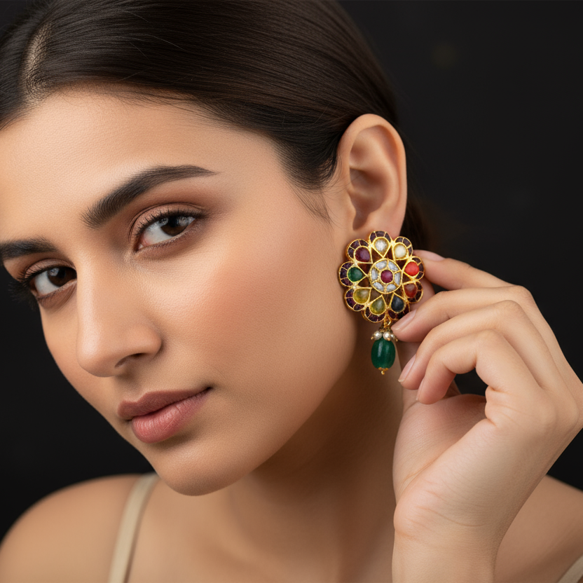 Large Navratna Studs 1.75 Inch with Pearls - Statement Traditional Earrings