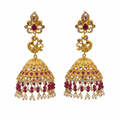 Large Polki Jhumki | Gold Plated Bridal Temple Earrings with Ruby & Pearl Drops