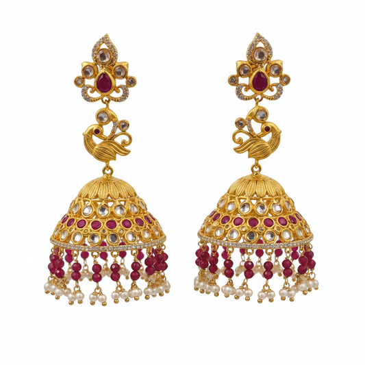 Large Polki Jhumki | Gold Plated Bridal Temple Earrings with Ruby & Pearl Drops