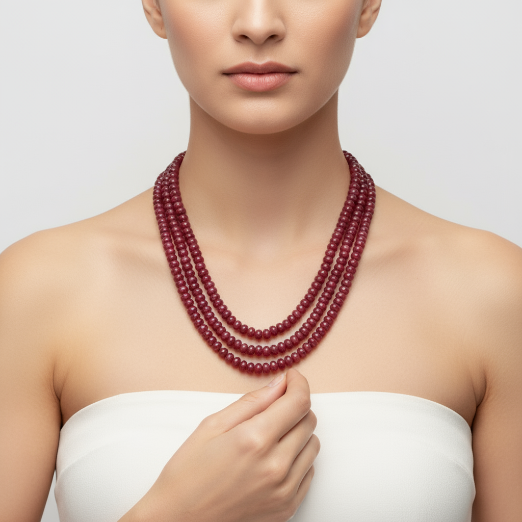 Layered Ruby Rondelles Beaded 3 Layer Necklace - 18 Inch Traditional Cultured Beads