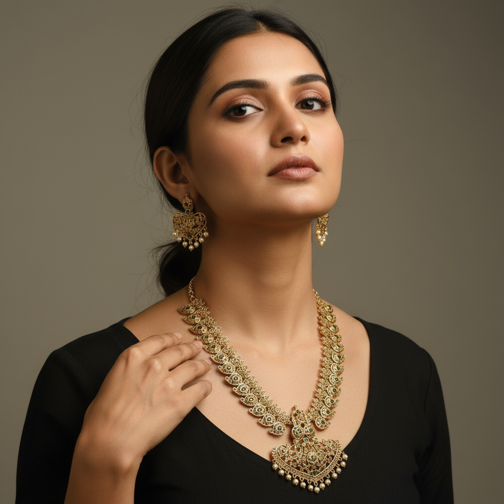 Long Zircon Mango Necklace Set - 24K Gold Plated