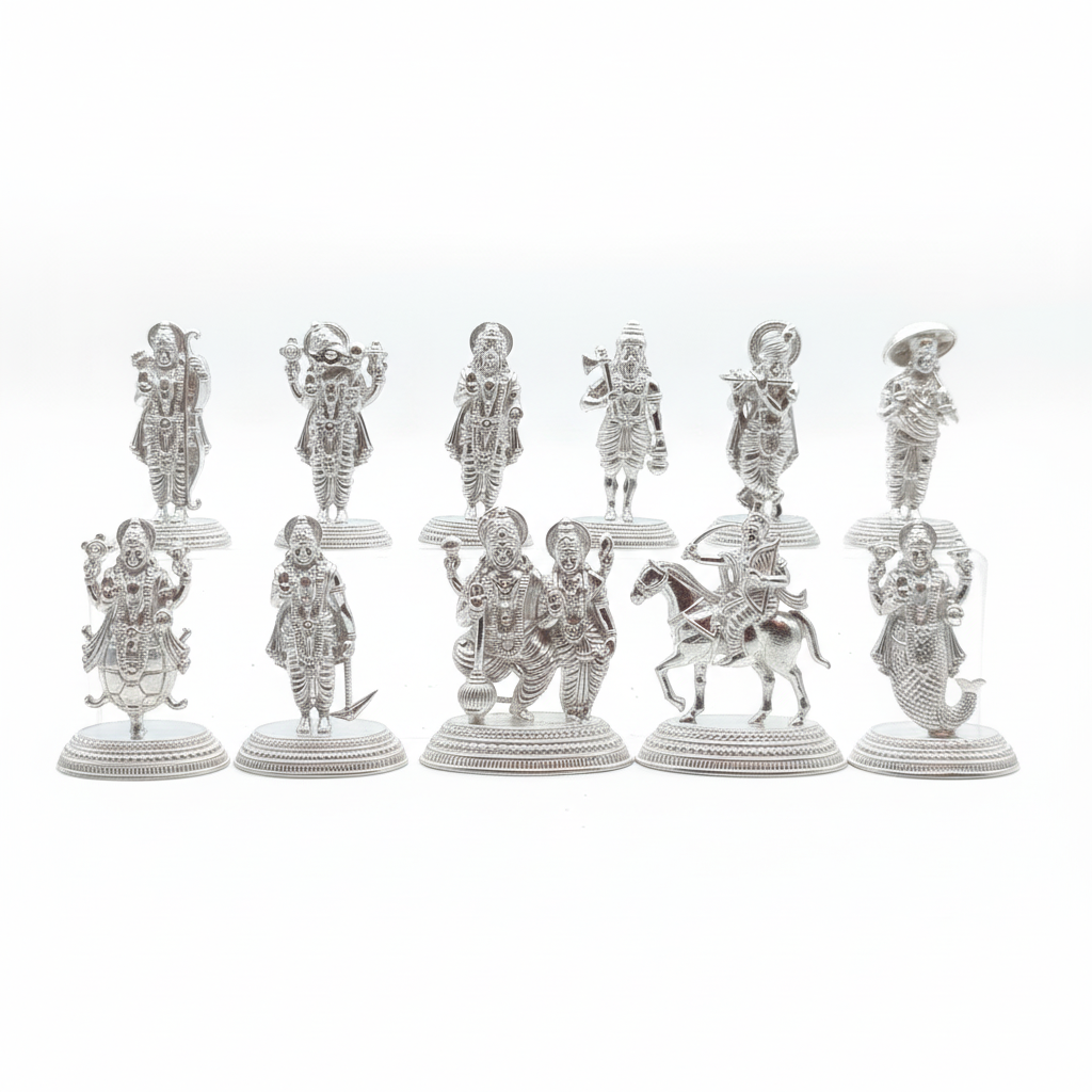 Lord Vishnu Dashavatara - Complete 11 Avatar Silver Idol Set
