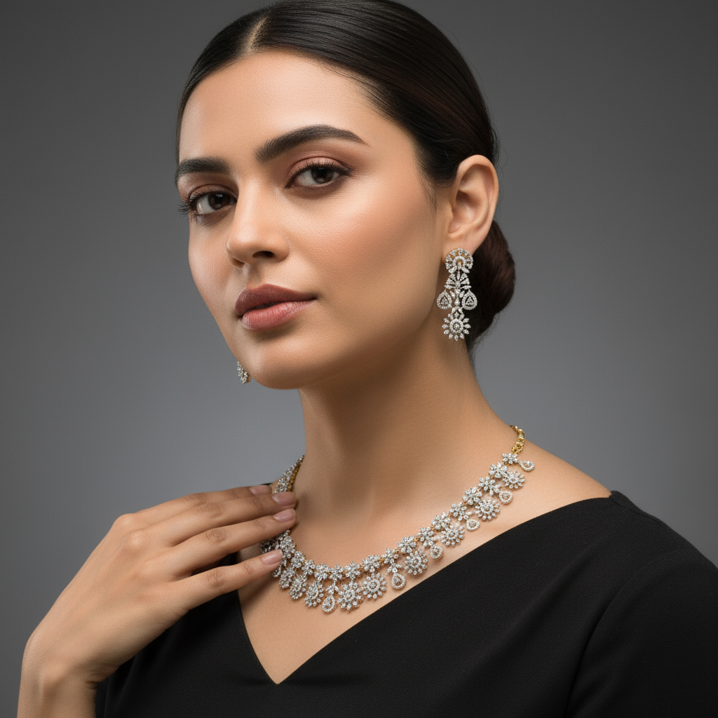 Luxe White Zircon Necklace & Earrings - Rhodium Gold