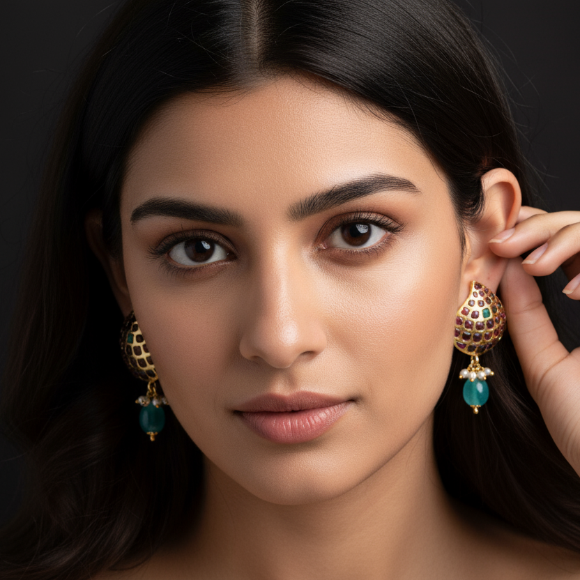 Mango Kempu Studs with Emerald Pendant - Traditional Gold Plated Earrings