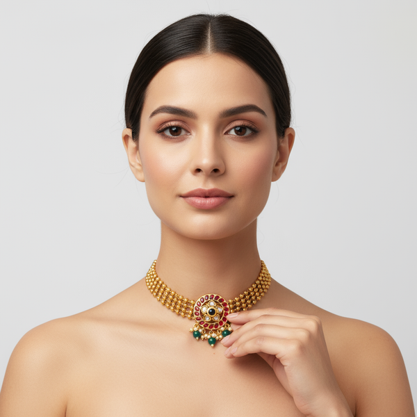 Matte Kemp CZ Choker Set - 24K Gold Plated Traditional Wedding Jewellery