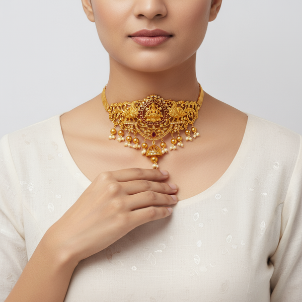 Matte Lakshmi Devi CZ Kemp Choker Set - 24K Gold Plated Bridal Jewellery