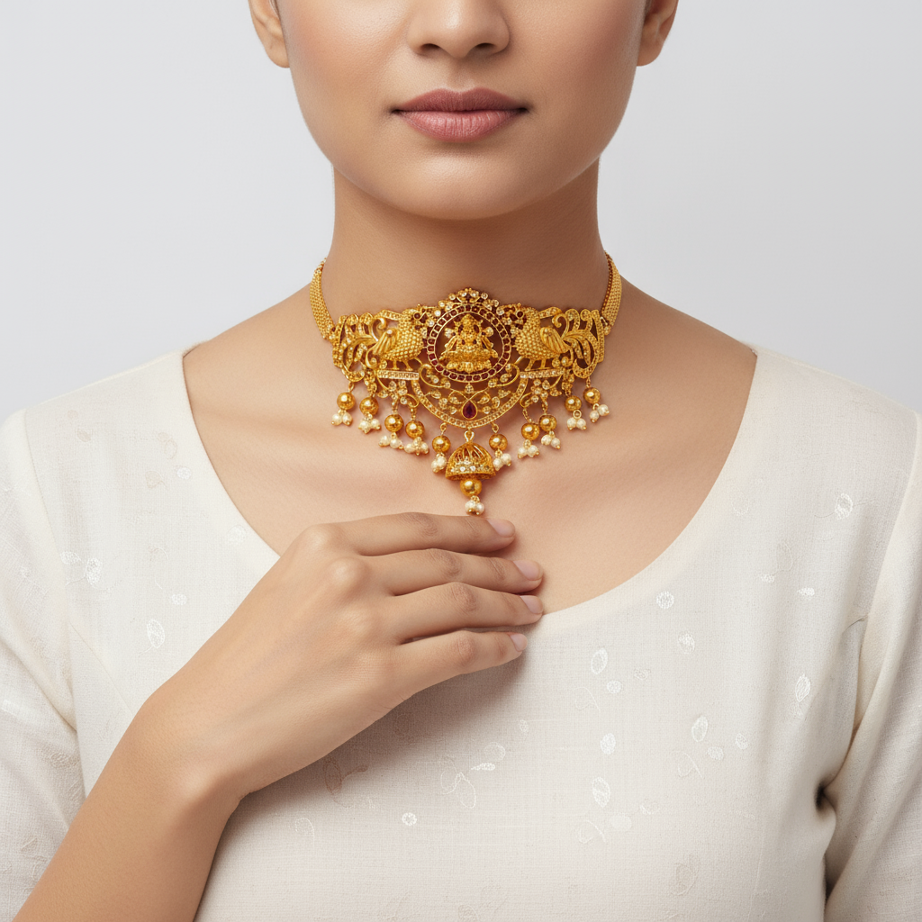 Matte Lakshmi Devi CZ Kemp Choker Set - 24K Gold Plated Bridal Jewellery