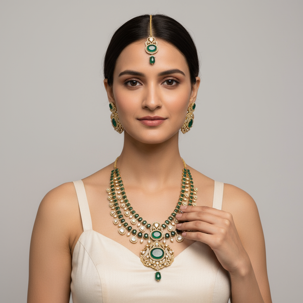 Moissanite Kundan Necklace Set - 24K Gold Emerald Maang Teeka Wedding Jewelry