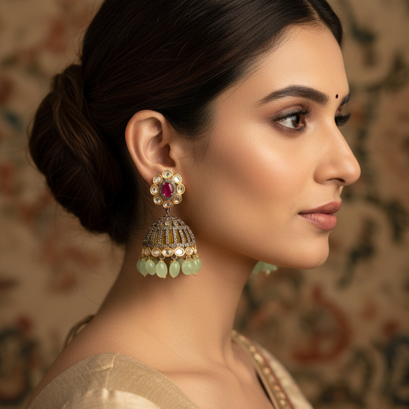 Moissanite Victorian Jhumka with Onyx Beads - Kundan Gold Plated Earrings