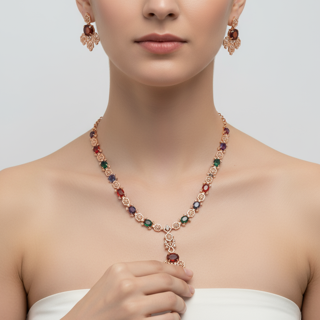 Multicolor Rose Gold American Diamond Long Necklace - 32 Inch Wedding Jewelry