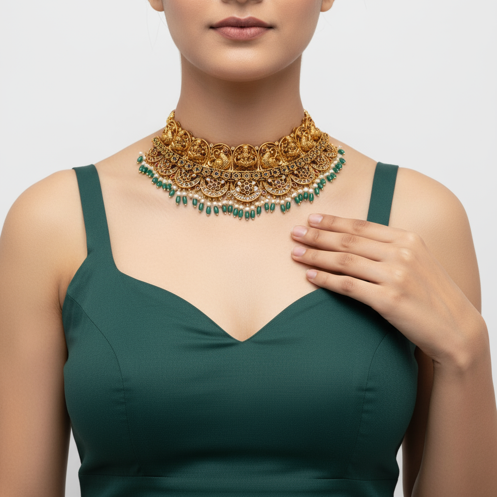 Nagas Lakshmi Peacock Kemp Choker Set with Jhumka - 24K Gold Bridal Jewellery