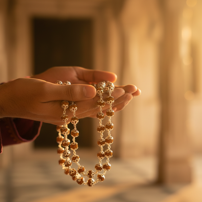 Natural Panch Mukhi Rudraksha Mala with 800 Silver Wire & Caps - 108+1 Beads