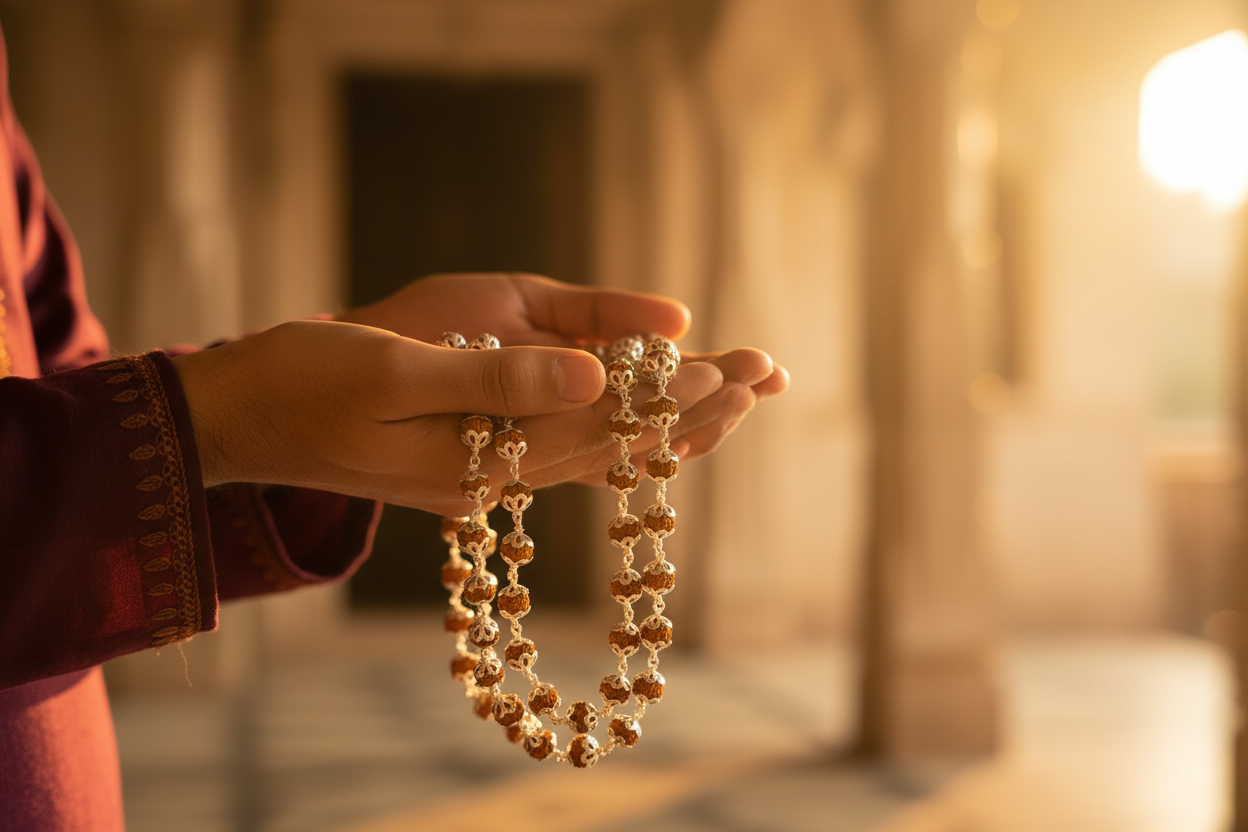 Natural Panch Mukhi Rudraksha Mala with 800 Silver Wire & Caps - 108+1 Beads