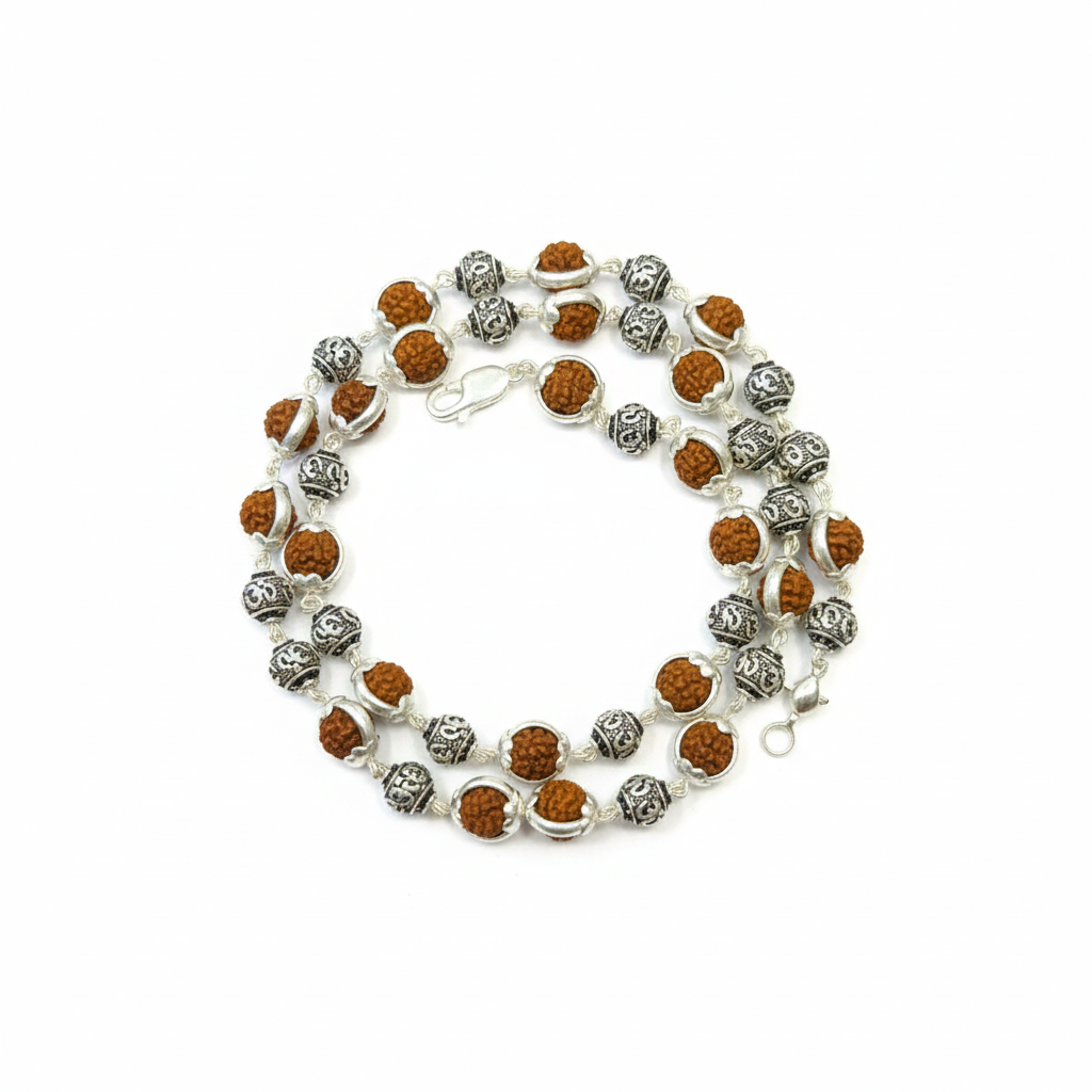 Natural Rudraksha Mala with Nakshi Om Silver Balls - 24 Inches