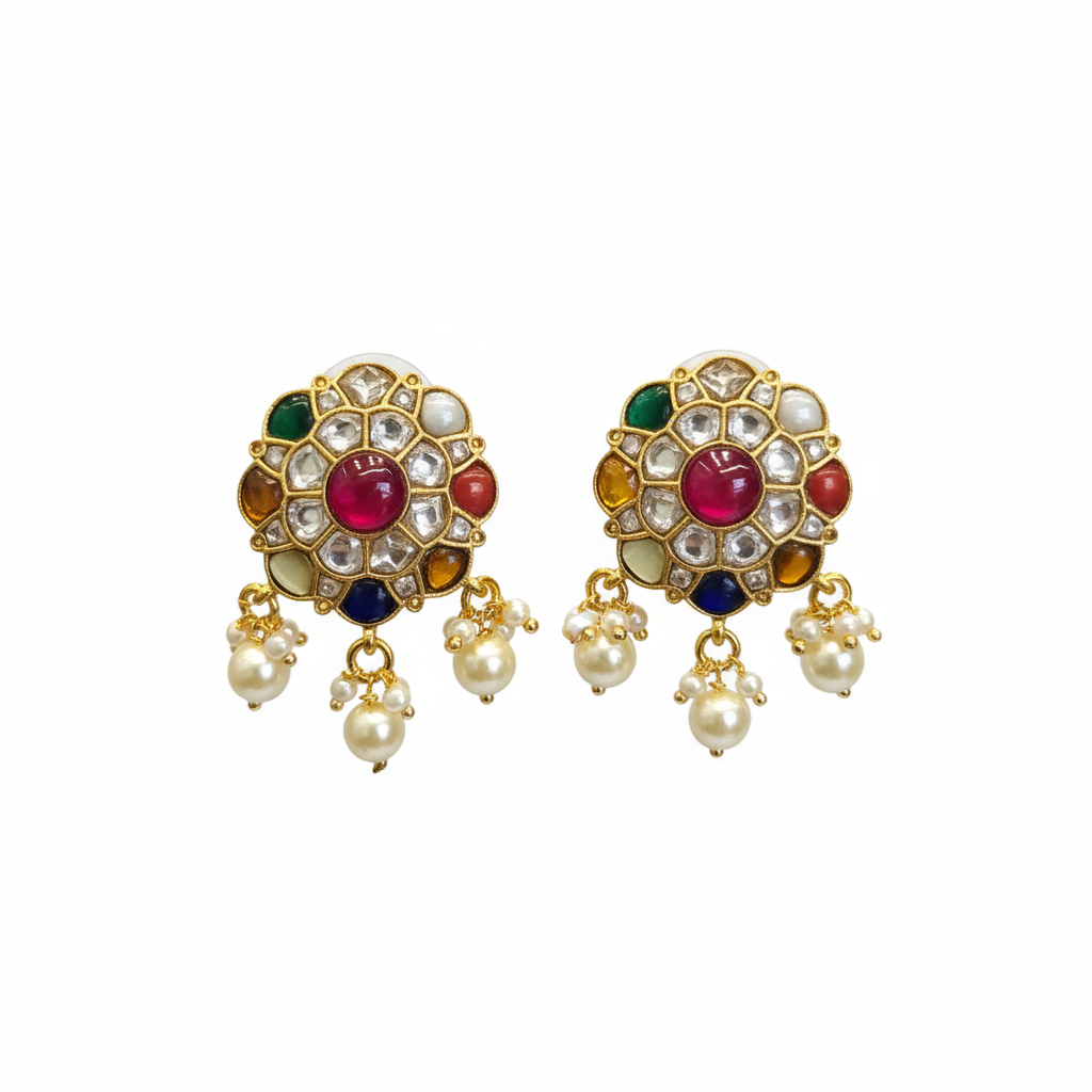  Navratna Jadau Kundan Stud Earrings