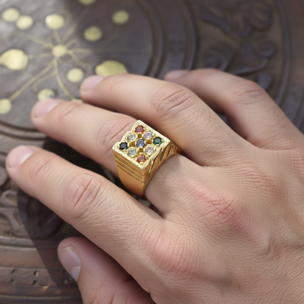 Navratna Ring for Men - 24K Gold Plated Nine Gemstone Silver Ring