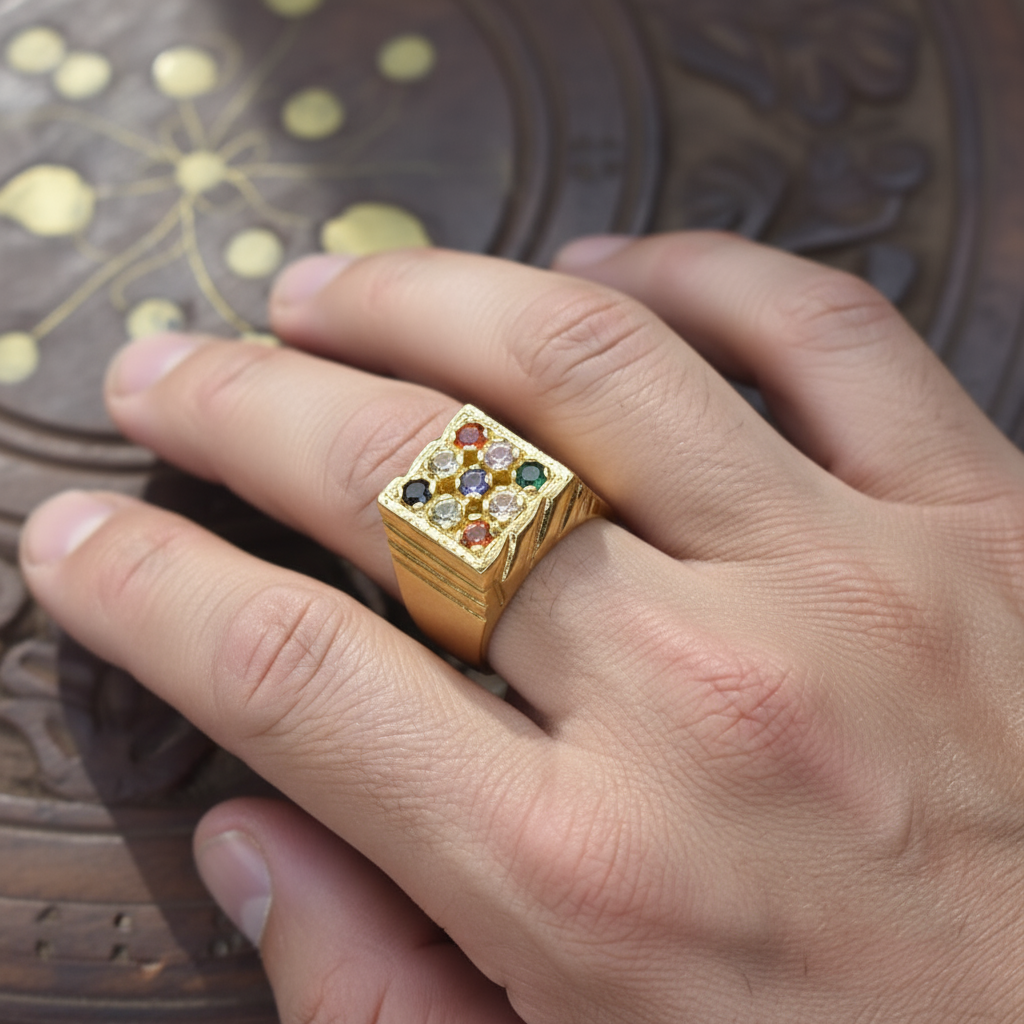 Navratna Ring for Men - 24K Gold Plated Nine Gemstone Silver Ring