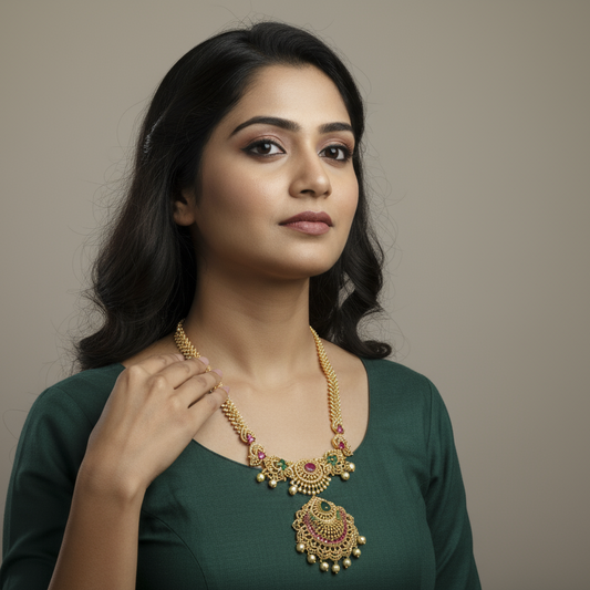 One Gram Gold CZ Long Haram - Traditional Bridal Necklace Set