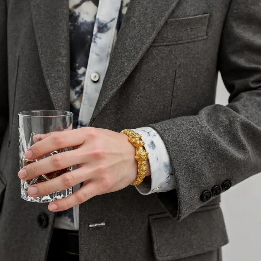 Openable Antique Roaring Simha Kada for Men - 24K Gold Plated