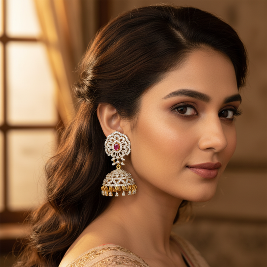Ornate American Diamond Jumka Earrings - 24K Gold Plated Ruby Design Jewelry