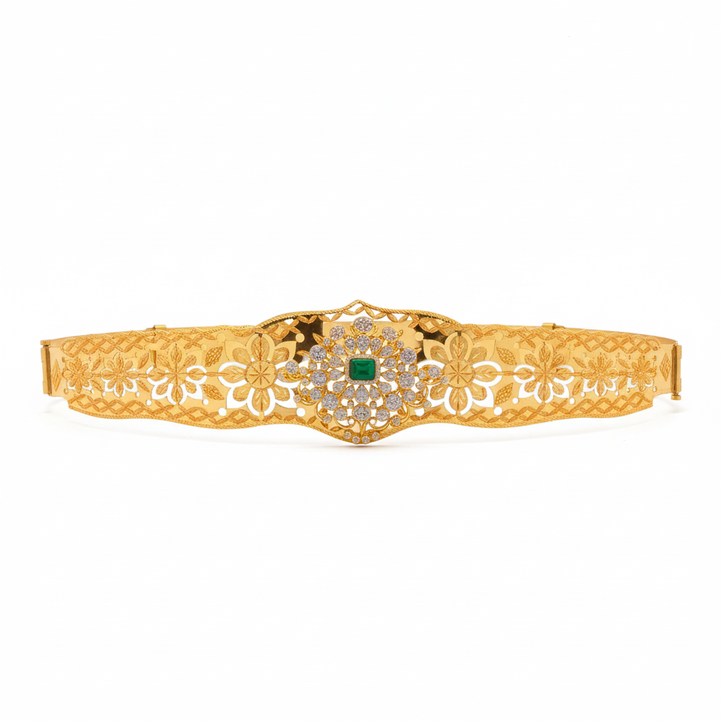 Ornate Gold Temple Vaddanam with Emerald & Diamond Accents - Floral Cutwork Design