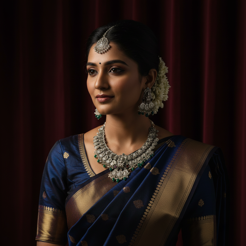 Oxidised Silver Kasulaperu Necklace and Earrings Set - Antique Finish Jewelry