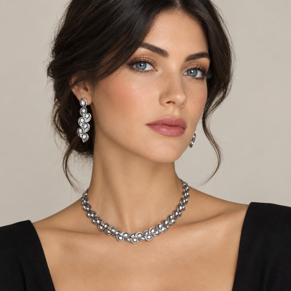 Oxidised Silver Leaf Necklace Set with Earrings & Maang Tikka
