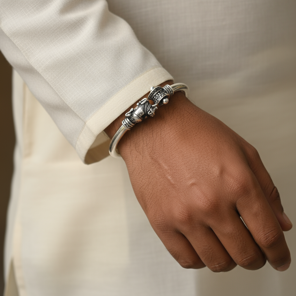 Oxidized Silver Shivlingam Nandi Kada for Men - Handcrafted Lord Shiva Religious Bracelet