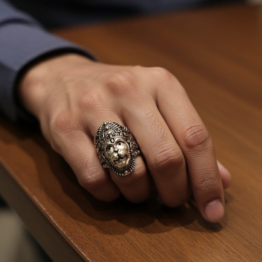 Oxidized Sterling Silver Lord Hanuman Ji Ring - Divine Protection Jewelry