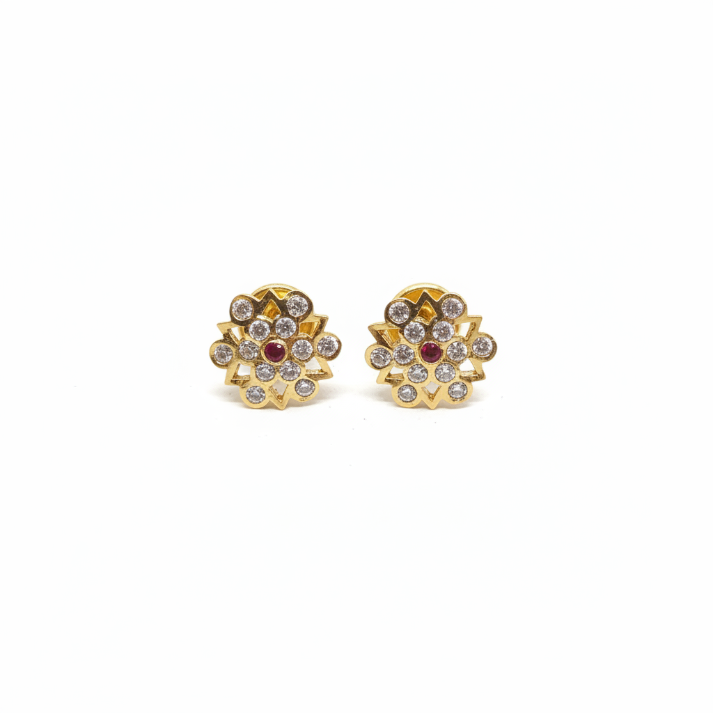 Panchaloha Kammalu Studs with CZ & Ruby Heart - Premium Floral